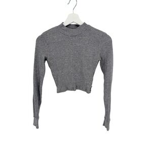 Tna Aritzia Thermal Crop Top XS Grey Excellent Mock Neck Long Sleeve Waffle